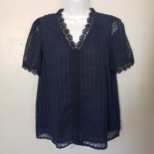 Women's Small Navy Blue Short Sleeve Swiss Dot Blouse Lace V-neck Top Shirt